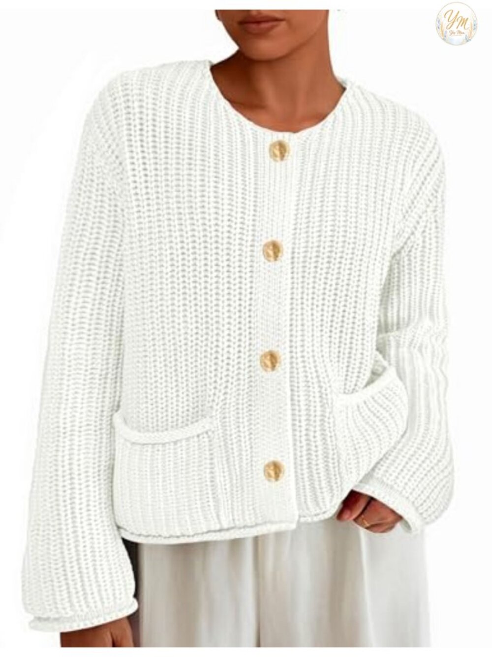 Oversized Chunky Knit Cotton Cardigan Sweater Open Front with Gold Buttons